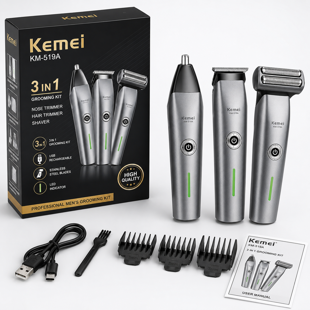 Kemei KM-519A 3-in-1 Electric Shaver & Trimmer for Men – Rechargeable Floating Razor