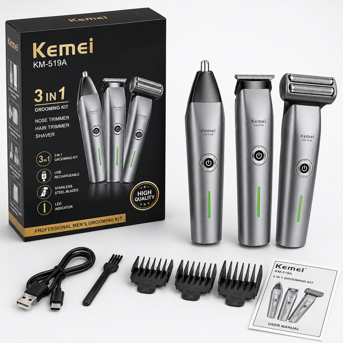 Kemei KM-519A 3-in-1 Electric Shaver & Trimmer for Men – Rechargeable Floating Razor